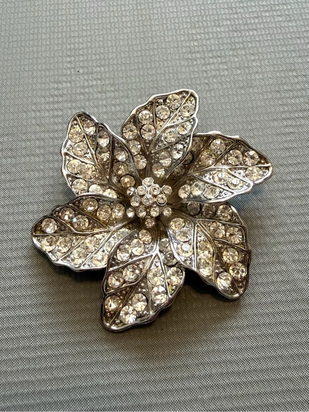 Large Vintage Crystal Floral Brooch - Silver Floral Pin